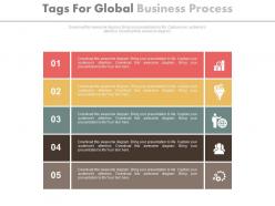 Five staged tags for global business process analysis flat powerpoint design