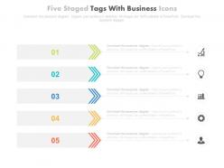 Five staged tags with business icons for business process powerpoint slides