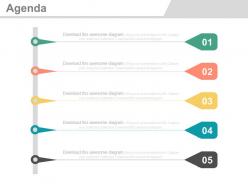 Five staged vertical timeline agenda analysis powerpoint slides