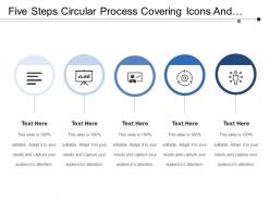 Five steps circular process covering icons and text boxes
