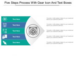Five steps process with gear icon and text boxes