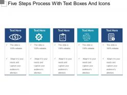 Five steps process with text boxes and icons