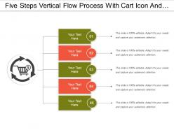 Five steps vertical flow process with cart icon and text boxes