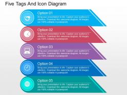 Five tags and icon diagram flat powerpoint design