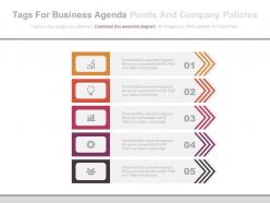 Five tags for business agenda points and company policies powerpoint slides