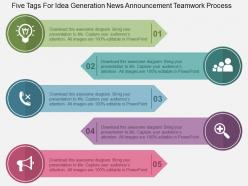 Five tags for idea generation news announcement teamwork process flat powerpoint design