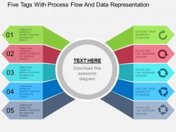 Five tags with process flow and data representation flat powerpoint design