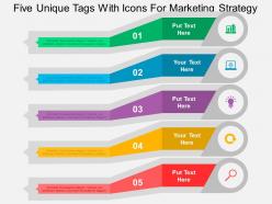 Five unique tags with icons for marketing strategy flat powerpoint design