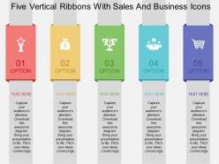 Five vertical ribbons with sales and business icons flat powerpoint design