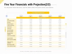 Five year financials with projection financing for a business by private equity