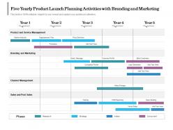Five yearly product launch planning activities with branding and marketing