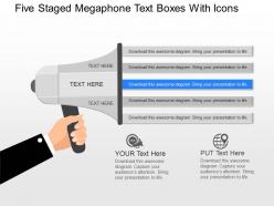 Fk five staged megaphone text boxes with icons powerpoint template