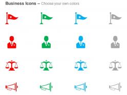Flag business man balance scale megaphone ppt icons graphics