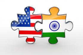 Flag puzzles of india and america displaying relationship of countries stock photo