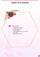 Flower Decorations Service Proposal Table Of Contents One Pager Sample Example Document