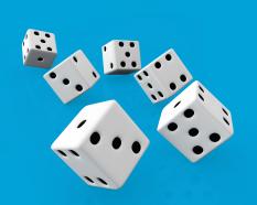 Flying white dices on blue background stock photo
