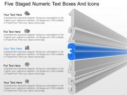 Fm five staged numeric text boxes and icons powerpoint template