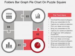 Folders bar graph pie chart on puzzle square flat powerpoint design