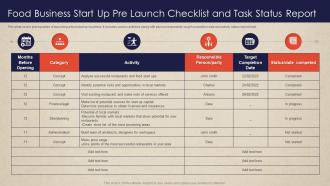 Food Business Start Up Pre Launch Checklist And Task Status Report