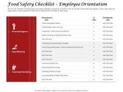 Food safety checklist employee orientation sanitizing ppt powerpoint presentation styles icon