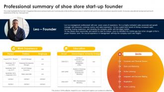 Footwear Industry Business Plan Professional Summary Of Shoe Store Start Up Founder BP SS