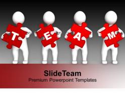 Four 3d persons holding red puzzle pieces powerpoint templates ppt themes and graphics 0113