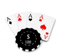 Four aces of playing cards with hundred dollar poker chip stock photo