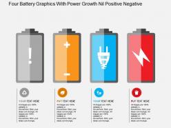 Four battery graphics with power growth nil positive negative flat powerpoint design