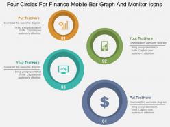 Four circles for finance mobile bar graph and monitor icons flat powerpoint design