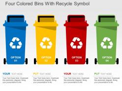 Four colored bins with recycle symbol flat powerpoint design