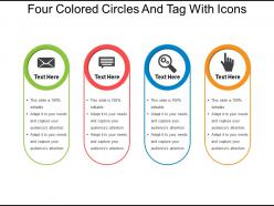 Four colored circles and tag with icons