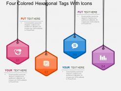 Four colored hexagonal tags with icons flat powerpoint design