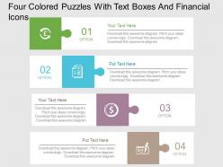 Four colored puzzles with text boxes and financial icons flat powerpoint design