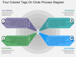 Four colored tags on circle process diagram flat powerpoint desgin