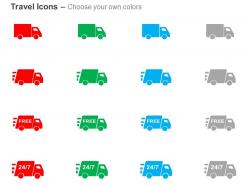 Four colored trucks free delivery 24 hours and 7 days strategy ppt icons graphics