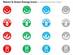 Four energy meters power level indication ppt icons graphics