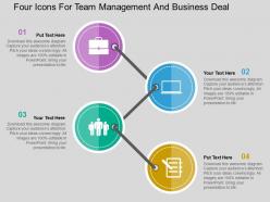 Four icons for team management and business deal flat powerpoint design