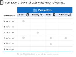Four Level Checklist Of Quality Standards Covering Reliability Durability Safety And Performance