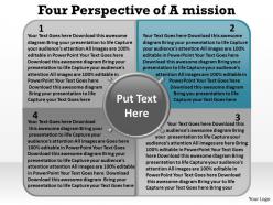 Four perspective of a mission shown by text boxes overlapping with circle powerpoint templates 0712