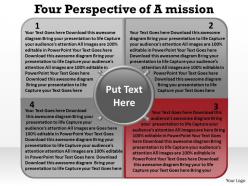 Four perspective of a mission shown by text boxes overlapping with circle powerpoint templates 0712