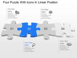 Four puzzle with icons in linear position powerpoint template slide