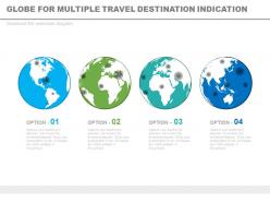 Four sequential globes for multiple travel destination indication powerpoint slides