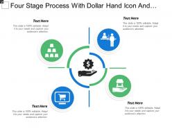 Four stage process with dollar hand icon and text boxes