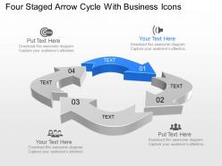 Four staged arrow cycle with business icons powerpoint template slide