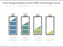 Four staged battery chart with percentage icons powerpoint slides