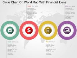 Four staged circle charts on world map with finance icons ppt presentation slides