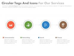 Four staged circular tags and icons for our services powerpoint slides