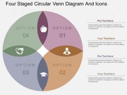 Four staged circular venn diagram and icons flat powerpoint design