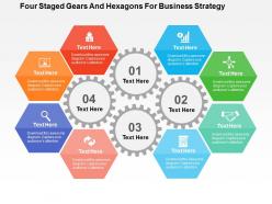 Four staged gears and hexagons for business strategy flat powerpoint design