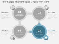 Four staged interconnected circles with icons flat powerpoint design